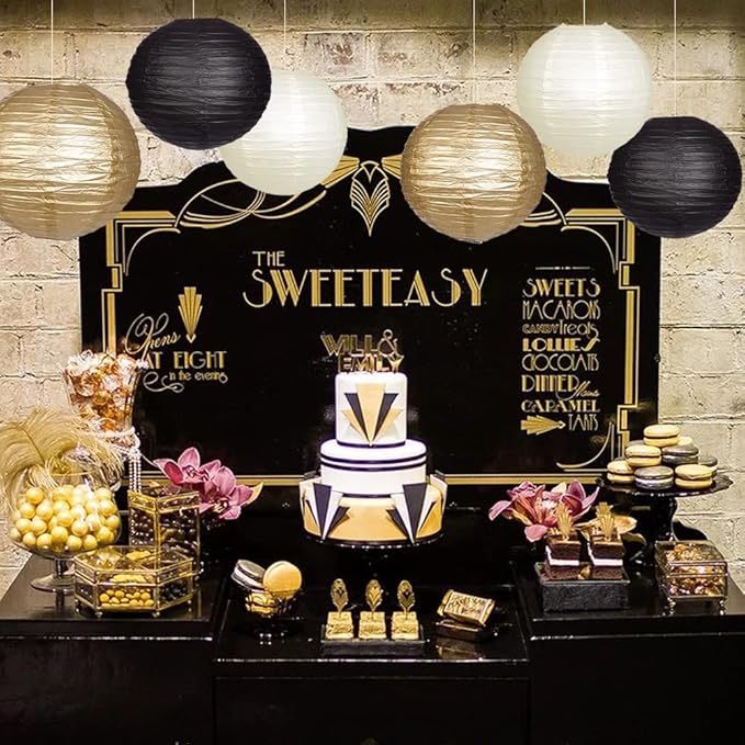 Paper Lanterns Decorative, Black Gold Hanging Round Chinese Lanterns with Lights for Graduation Anniversary Birthday Party 12 LED Light Pack of 12-Ruum Studio Home