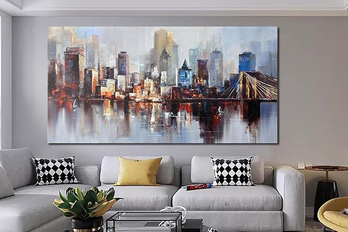 Arjun Brooklyn Bridge Wall Art Modern New York City Abstract Canvas Cityscape Painting, NYC Skyline Textured Picture for Living Room Bedroom Home Office Wall Decor Extra Large Size Framed 58"x29"-Ruum Studio Home