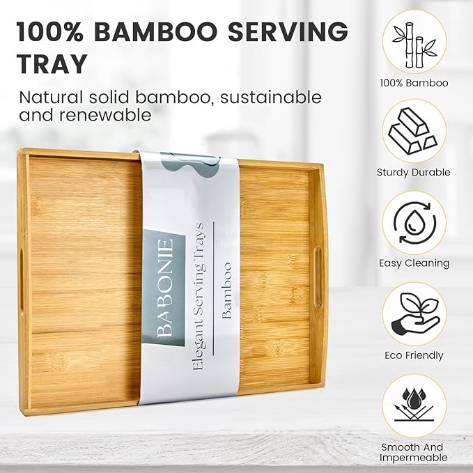 Larger Bamboo Serving Tray with Handles - Decorative Wooden Trays for Eating, Working, and Storing, Suitable for Use in Bedroom, Living Room, Kitchen, Bathroom, Outdoor Scenarios and More-Ruum Studio Home