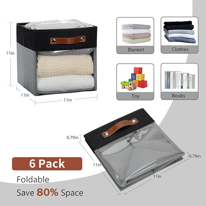 HNZIGE Cube Storage Bins 11 x 11, Fabric Cubes Storage Bins 11x11 Clear Storage Organizer,Canvas Storage Bin for Cube Storage, Cubby Collapsible Organizer Bin for Organizing Home(Gray Black 6PCS)-Ruum Studio Home