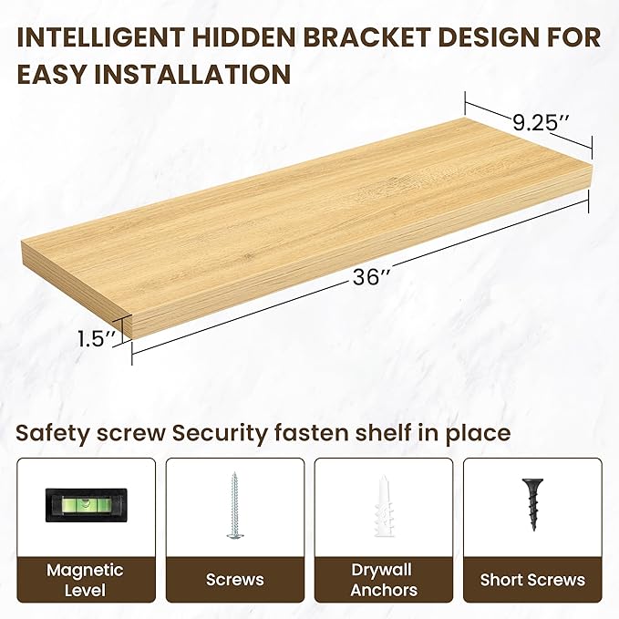 36 Inch Floating Shelves, 3D Textured Wood Grain, 36"x9.25"x1.5" Inch Deep Floating Shelves for Wall, Wooden Shelves for Bathroom, Bedroom, Living Room, Natural-Ruum Studio Home
