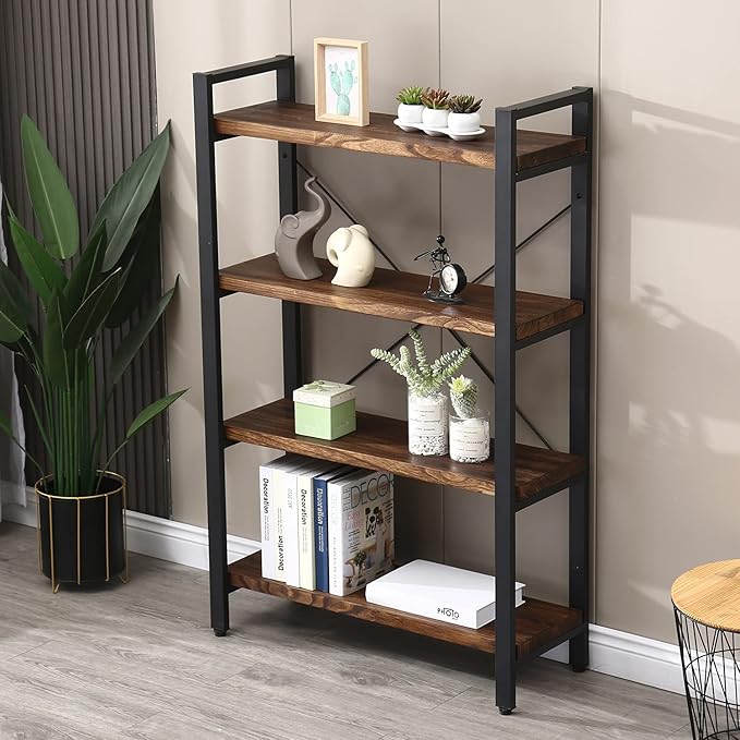 Solid Wood Bookshelf, 4-Tier Rustic Vintage Industrial Etagere Bookcase, Open Metal & Wood Vintage Book Shelf, Retro Brown-Ruum Studio Home