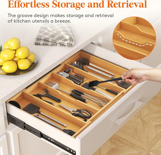 Lifewit Utensil Organizer for Kitchen Drawer, Expandable Cooking Utensil Tray, Bamboo Cutlery Silverware Flatware Holder, Adjustable Spatula Tools Gadget Storage Divider, 28 x18.5 x 2 inches, Natural-Ruum Studio Home