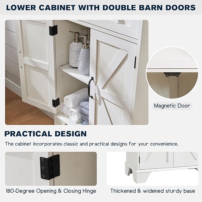 72" Tall Bathroom Storage Cabinet, Farmhouse Storage Cabinet with 2 Drawers, Adjustable Shelves & Barn Door, Cabinet for Bathroom, Living Room, Kitchen, Off White-Ruum Studio Home