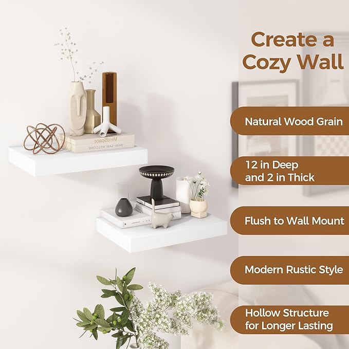 12 Inch Deep White Floating Shelves, 16 x 12 Floating Shelf for Books, Rustic Wood Deep Wall Shelves for Home Storage & Display, 2" Thicked Shelves for Kitchen, Living Room, Bedroom, 2 Pack-Ruum Studio Home