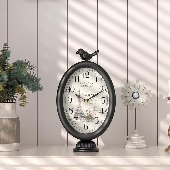 Vintage Table Clock with Bird, Desk and Shelf Decor Clock, French Paris Style, Antique Black Metal Mantel Clocks for Living Room, Farmhouse, Bedroom, Bedside, Gift (10" H x 5.9" W)-Ruum Studio Home