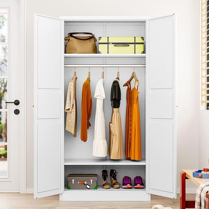Metal Wardrobe Cabinet with Hanging Rod,White Armoire Wardrobe Closet,Metal Clothing Storage Cabinet with Adjustable Shelves and Doors,72" Wardrobes Storage Cabinet for Home,Living/Laundry Room-Ruum Studio Home
