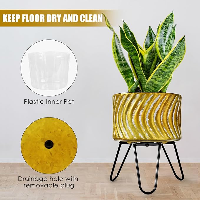 Harvest Land Plant Pots with Stand, Set of 2 Large Modern Planters Metal Tall Handmade Flower Pots with Drainage Holes Indoor Outdoor,Gold-Ruum Studio Home