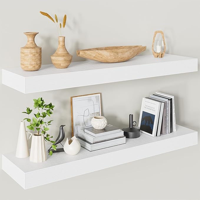 Heimlove 32 Inch Floating Shelves for Wall,White 9.3" Deep Floating Shelf Set of 2,Wall Mounted Shelves for Bathroom Bedroom Living Room Kitchen Office,Shelf for Books Storage Room,Home Decor-Ruum Studio Home