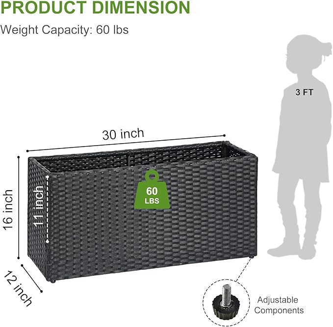 LEWIS&WAYNE Large Rectangular Block Planter Box Handmade Wicker Tall Planters for Outdoor Plants with Removable Liners Modern Planter for Indoor Outdoor Patio Deck - Black, 30''x12''x16''-Ruum Studio Home