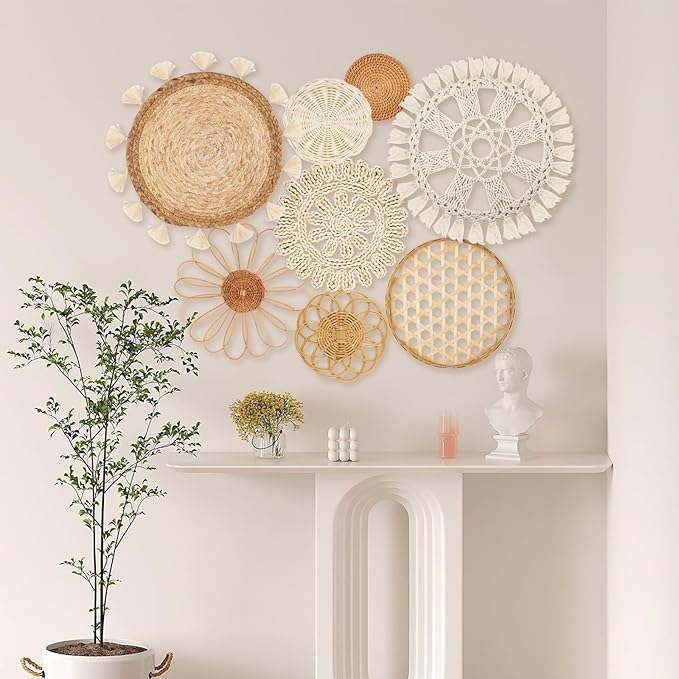 Boho Wall Basket Decor Set of 8 - Flat Woven Basket Wall Hanging Decor,Round Tassels White Macrame Tapestry Wall Decor Art,Handmade Rattan Wicker Seagrass Home Wall Baskets Decor（Boho Classic)-Ruum Studio Home