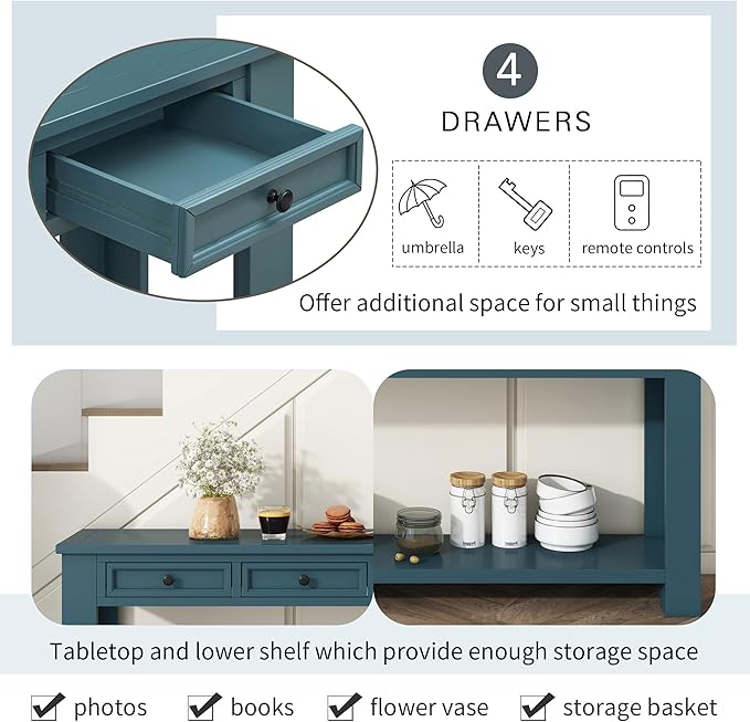 Solid Wood Console Table,63 in Long Sofa Table Entryway Table with 4 Drawers and Bottom Shelf for Hallway Living Room Couch Table,Fully Assembled (63" Dark Blue)-Ruum Studio Home