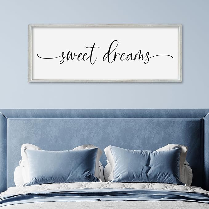 SRSZHIYUE Sweet Dreams Above Bed Wall Decor, 32"x12" Large Rustic Master Bedroom Over Bed Sign Guest Room Couples Wood Framed Farmhouse Horizontal Hanging Decoration (White)-Ruum Studio Home