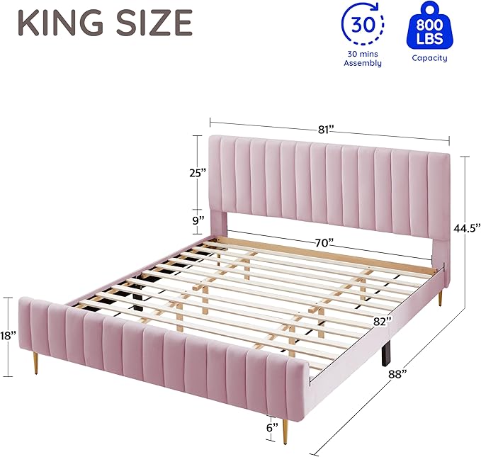 Livinia King Size Elton Velvet Platform Bed, Upholstered Bed Frame with Vertical Channel Tufted Headboard Footboard, Strong Wood Slats, No Box Spring Needed, Pink (King)-Ruum Studio Home