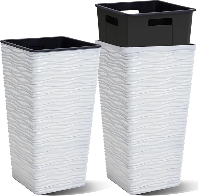 Worth Garden 2-Pack 22" H. White Square Tapered Planter with Inside Pots - Plastic Plant Pots for Indoor Outdoor - Modern Wavy Finish Decorative Flower Pots for Front Porch Containers Patio Deck-Ruum Studio Home