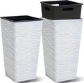 Worth Garden 2-Pack 22" H. White Square Tapered Planter with Inside Pots - Plastic Plant Pots for Indoor Outdoor - Modern Wavy Finish Decorative Flower Pots for Front Porch Containers Patio Deck-Ruum Studio Home
