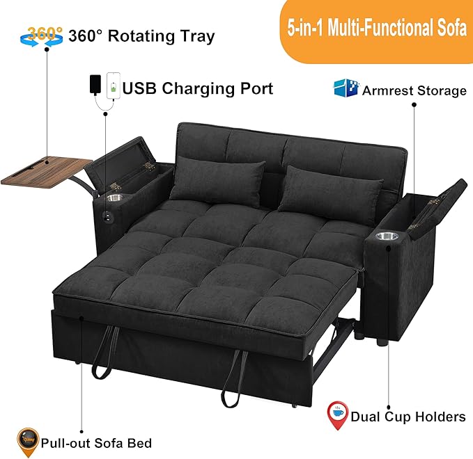 66" Multi-Functional Pull-Out Sofa Bed with Hidden Side Table, Storage Armrests, Built-in Charging Port, Spring Mattress, Solid Wood Frame – Ideal for Small Spaces, Easy Assembly-Ruum Studio Home