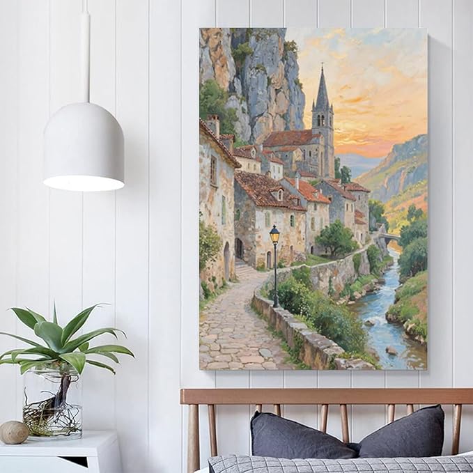 Small town scenery poster on the bank of the mountain stream is suitable for living room bedroom and office natural oil painting poster-Ruum Studio Home