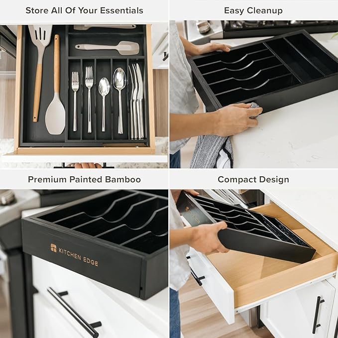 Premium Silverware, Flatware and Utensil Organizer for Kitchen Drawers, Food-Safe Contract Grade, Expandable from 10.5 to 19 In, Black Bamboo-Ruum Studio Home