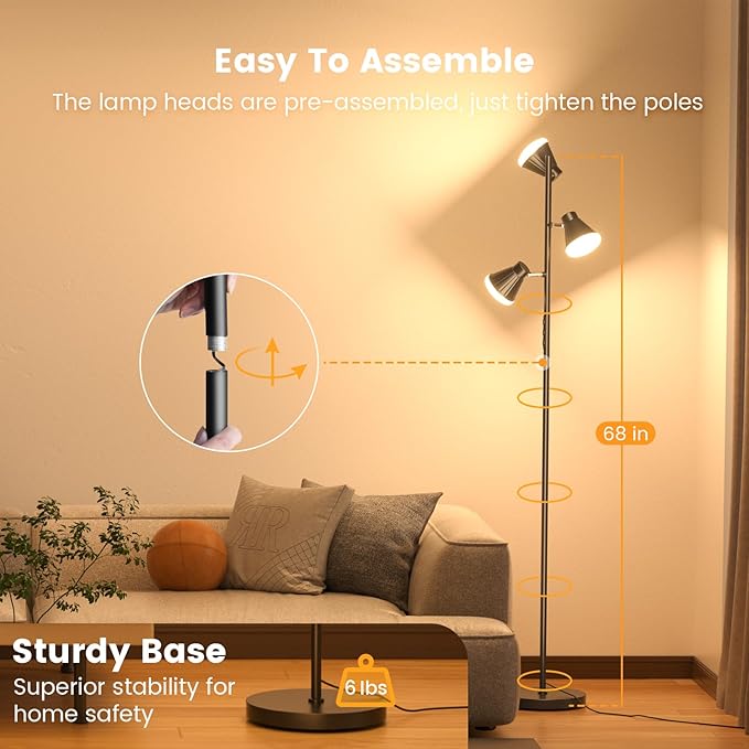 36W LED Tree Floor Lamp, Dimmable Tall Standing Lamp with Remote & Touch Control, 4 Color Temperatures Bright Floor Lamp, 3 Rotatable Light Modern Floor Lamps for Living Room Bedroom Office-Ruum Studio Home