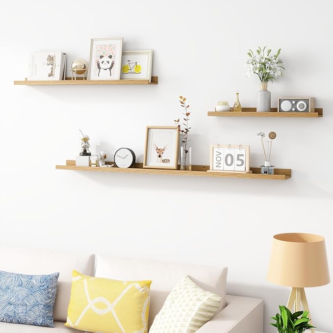Picture Ledge Shelf, Wood Floating Shelves Set of 2, 36 inch Picture Ledge Shelves, Photo Ledge Nursery Book Shelves Wall Mounted for Living Room Kids' Room Bedroom, Color Oak-Ruum Studio Home