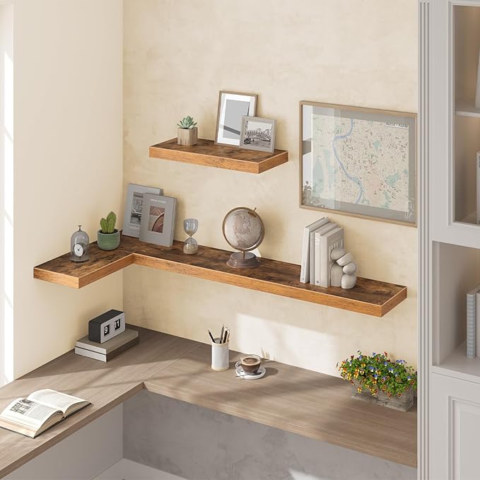 HOOBRO Floating Shelves for Wall, Wall Mounted Shelf Set of 2, 55" Hanging Shelf with Invisible Brackets, for Wall in Bathroom, Bedroom, Toilet, Kitchen, Living Room, Office, Rustic Brown BF140BJP201-Ruum Studio Home