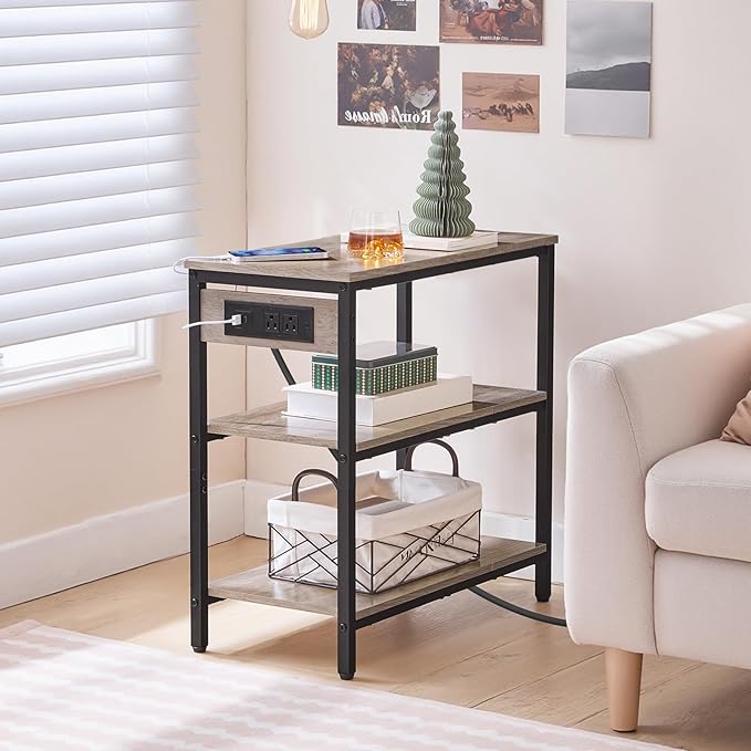 HOOBRO End Table with Charging Station, Simple Rustic Side Table with 3-Tier Storage Shelf, Narrow Nightstand for Small Spaces, for Living Room, Industrial Design, Greige and Black BG149UBZ01-Ruum Studio Home