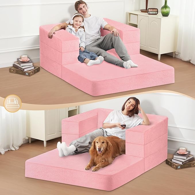 Folding Bean Bag Chair for Adults,3-in-1 Bean Bag Couch Faux Fur Floor Sofa Large Beanbag Convertible Bean Bag Sofa Bed with Pillow in Bedroom,Living Room,Apartment(Twin,Pink)-Ruum Studio Home