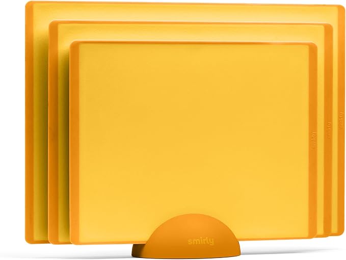 SMIRLY Plastic Cutting Board Set with Holder 3 Pieces, Non-Slip Dishwasher Safe Chopping Boards for Kitchen, Yellow-Ruum Studio Home