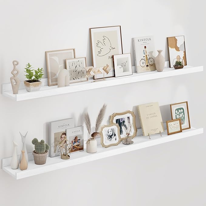 Floating Picture Ledge Shelves 55 Inch Solid Oak Wood Set of 2, Rustic Wall Storage Shelves with Lip, Kids Bookshelf, Photo & Picture Ledge Shelves for Bedroom, Living Room, Kitchen-Ruum Studio Home