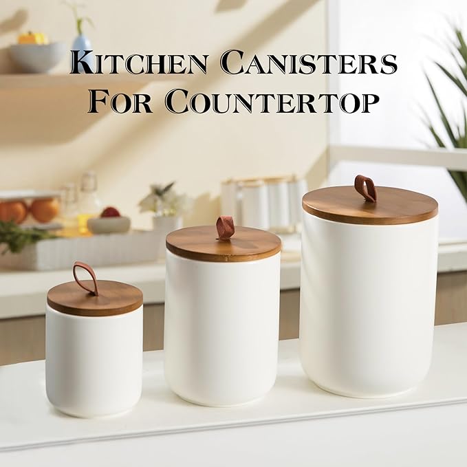 White Ceramic Canister Set with Wooden Lid, 3-Piece Food Storage Jars for Kitchen Counter, Storage Container for Coffee, Tea, Spice, Sugar, Grains, Salt-Ruum Studio Home