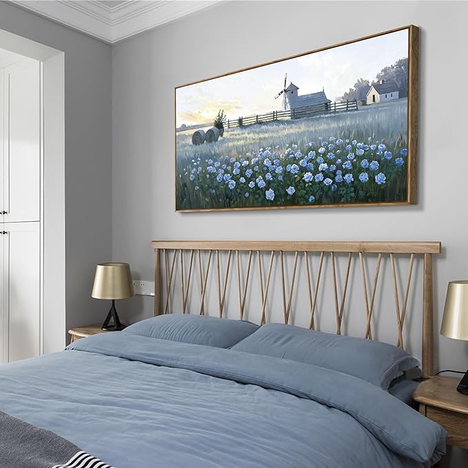amatop Large Framed Country Landscape Wall Art – Blue Floral Canvas Art Print Vintage Rustic Farmhouse Picture Sunset Nature Artwork Wall Decor for Bedroom Dining Room Office Entryway 48x24 Inch-Ruum Studio Home