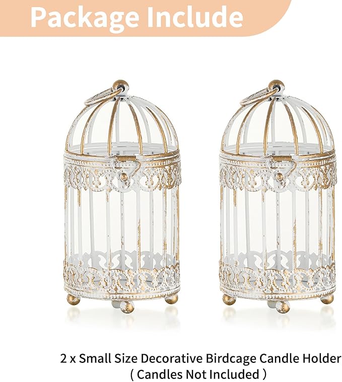 NUPTIO Tea Light Candle Holders: 2 Pcs 6 inch H Distressed White Bird Cage Lantern Centerpiece Hanging Metal Birdcage Tealight Votive Holder for Home Fireplace Dining Table Living Room Decoration-Ruum Studio Home