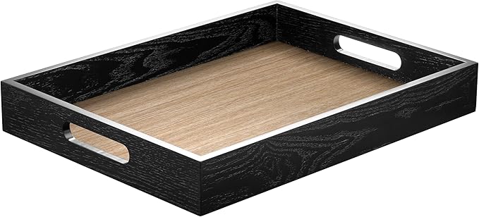 Wood Serving Tray with Handles, Home Decorative Wooden Rectangle Ottoman Decor Platter Vanity Tray for Breakfast Dinner Drinks Kitchen Dining Living Bathroom Restaurants Black Wooden-Ruum Studio Home