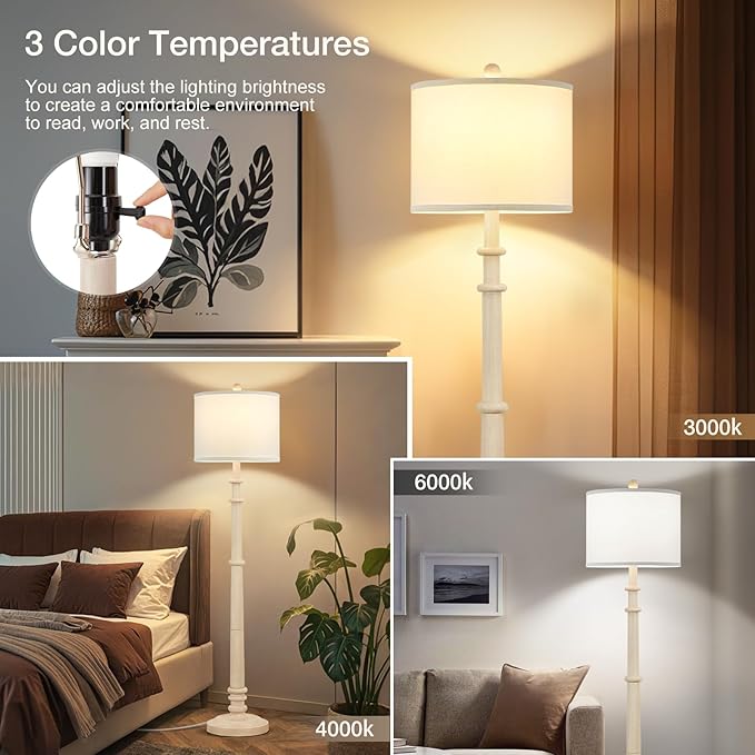 Floor Lamps for Living Room - 60" Resin Farmhouse Floor Lamp with 3 Color Temperatures - Vintage Standing Lamp Reading Light with Linen Shade Rustic Tall Lamp for Bedroom Office, Oatmeal Wash-Ruum Studio Home