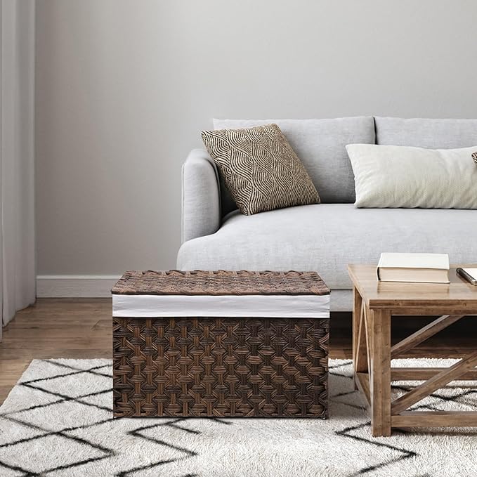 Wicker Storage Basket with Lid, 27.7 Gallon (105L) Large Blanket Basket with Lid, Woven Storage Bin with Handles, Removable Liner, Metal Frame, Foldable, for Bedroom, Laundry Room, Brown-Ruum Studio Home