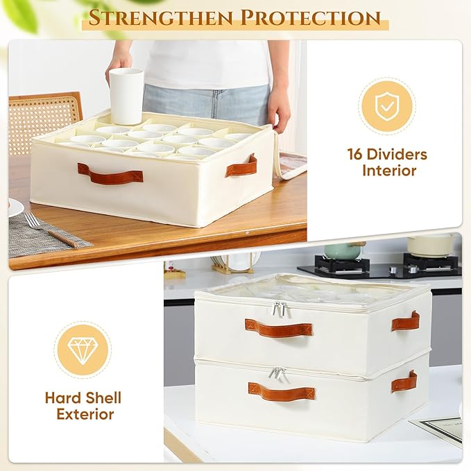2 Pack Cup and Mug Storage Box with Dividers and Hard Shell, Stackable Coffee Cup Storage Organizer with Lid, Zipper, and Handles for Coffee Mugs, Cups, Glasses, Stemware Storage Containers for Moving-Ruum Studio Home