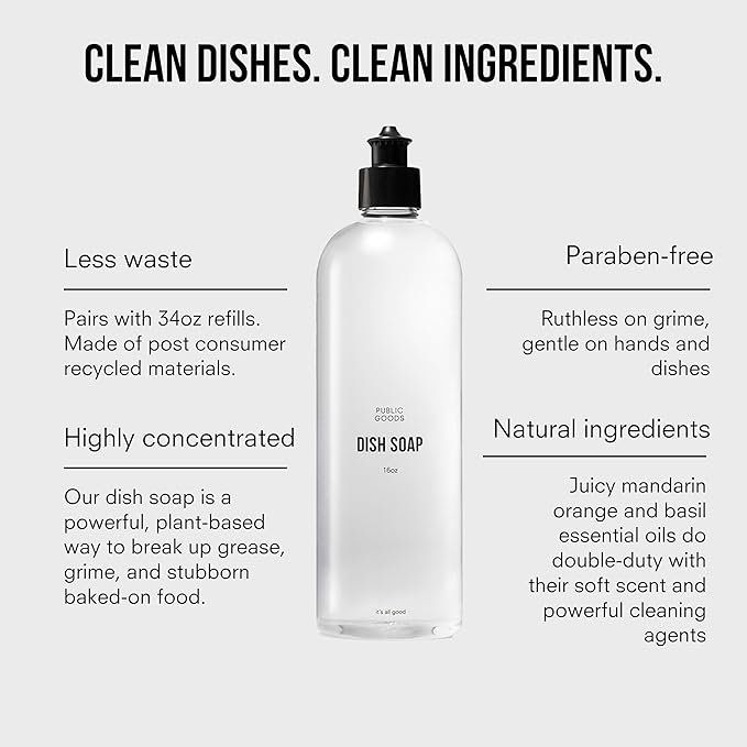 Public Goods Natural Dish Soap | Kitchen Soap | Plant-Based & Vegan Friendly | Clear Dish Detergent Liquid | Concentrated Formula | Made in USA | Mandarin Basil | 16 Fl Oz-Ruum Studio Home