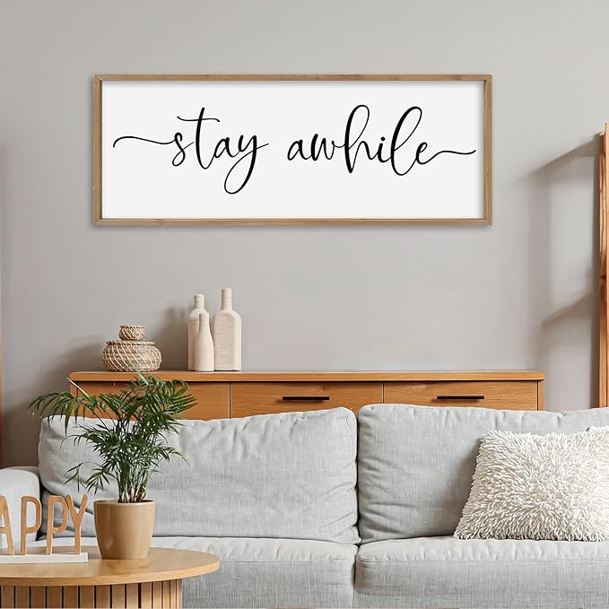 SRSZHIYUE Stay Awhile Sign Wall Decor Art 40"×15" Home Entryway Hallway Signs Large Wood Framed Wall Hanging (Wood)-Ruum Studio Home