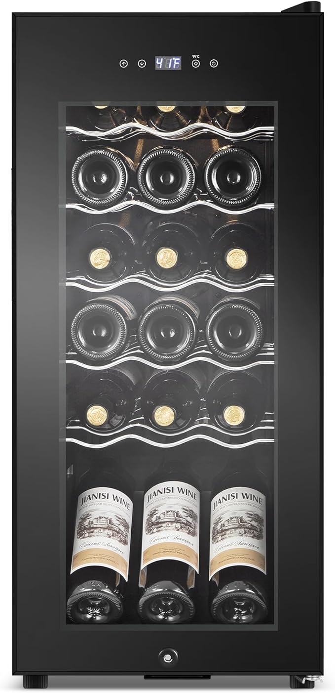 Wine Cooler Refrigerator 18 Bottles, Small Wine Fridge Mini Wine Fridge Countertop with Glass Door Wine Cellars for Red Wine, Champagne, Dry White Wine, Sparkling Wines-Ruum Studio Home