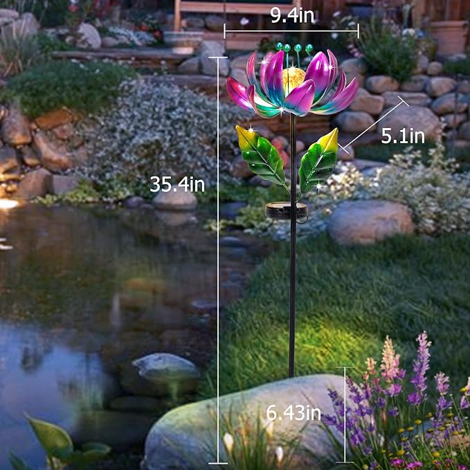 Solar Purple Metal Flower Wind Spinners, Colorful Spinning Windmill Lotus Yard Art Lights Wind Pinwheels with LED Crystal Ball Decorative Stake Lighting Flower Sculpture-Ruum Studio Home