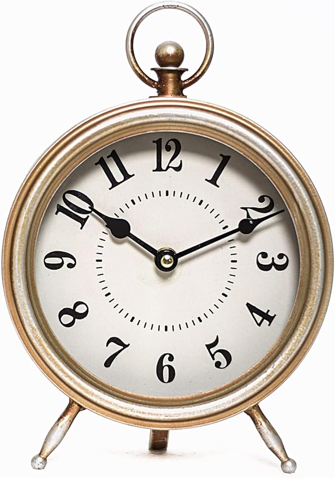 Vintage Table Clock on Stand, Decorative Desk and Shelf Clock Farmhouse Mantel Non-Ticking Clock Rustic Metal Frame with Antique Gold Finish-Ruum Studio Home