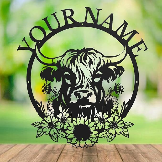 Personalized Highland Cow Name metal Signs,Custom Highland Cow Metal Shed Wall Decor,Black Metal Wall Art Plaques Outdoor wall Decorative Signage (Style H)-Ruum Studio Home