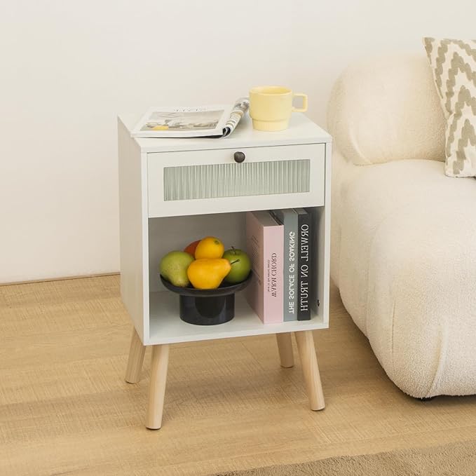 AWASEN White Night Stand, Modern Bedside Table with Glass Storage Drawer and Large Open Shelf, Wood Nightstand Side End Table with Solid Wood Legs for Bedroom, and Small Space, White-Ruum Studio Home