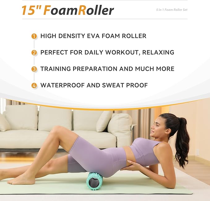 5 in1 Foam Roller Set, Trigger Point Foam Roller, Massage Roller Stick, Massage Ball, Resistance Band for Deep Muscle Massage Pilates Yoga,Fitness Exercise for Whole Body (Pure Turquoise)-Ruum Studio Home