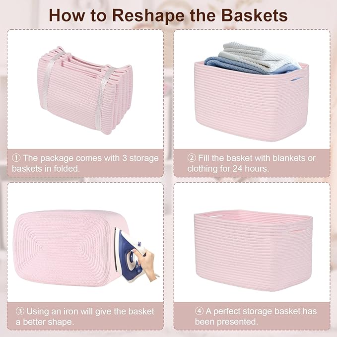 3-Pack Shelf Baskets for Organizing, Woven Storage Basket for Shelves, Cotton Rope Storage Bins for Toys Books, Nursery Towel Baskets for Classroom, 14.96"X9.8"X8.85", Pink-Ruum Studio Home