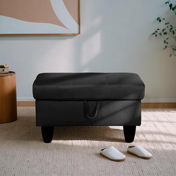Ottoman Rectangular Storage Ottoman Bench, Flannel Footrest Stool Footstool with Lid for Living Room, Bedroom, Entryway, Black, 28.5"x19"x17.5"-Ruum Studio Home