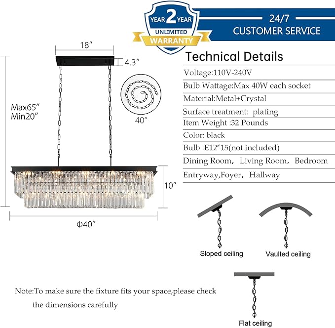 Crystal Chandeliers for Dining Room Light Fixtures Over Table，15-Lights Black Modern Rectangle Chandeliers for Kitchen Island Bar L40 Inch-Ruum Studio Home