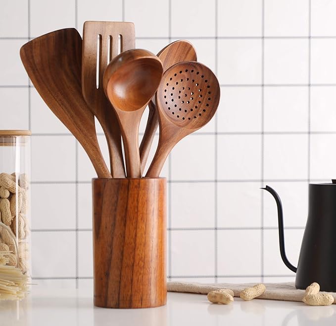 Wooden Spoons for Cooking, Cooking Utensils Set of 6 Natural Teak Wooden Cooking Spatulas with Utensils Holder Comfort Grip Wooden Kitchen Utensils for Nonstick Cookware-Ruum Studio Home