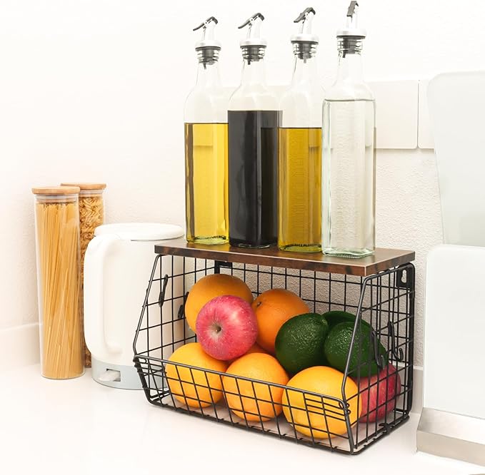 Fruit Bowl, Stackable Wall Mounted Fruit Basket of Smooth Wood Lid with 4 Banana Hanger Hooks, Metal Kitchen Counter Organizer for Snack, Fruit and Vegetable Storage, 11.8 * 7.9 * 8.5 Inches-Ruum Studio Home
